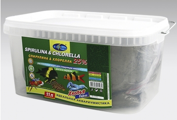 СПИРУЛИНА & ХЛОРЕЛЛА 25% хлопья (flake) корм растительный для стимуляции иммунитета, роста и окраски (ВЕДРО 11 литров) 911229